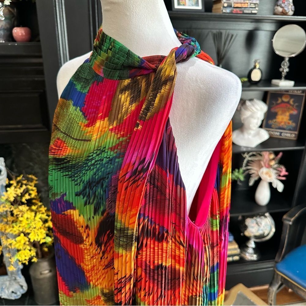 Oleg Cassini Multi‑Colored Tropical Pleated Dress • Size 12 • Vibrant Resort Vib - Picture 2 of 12